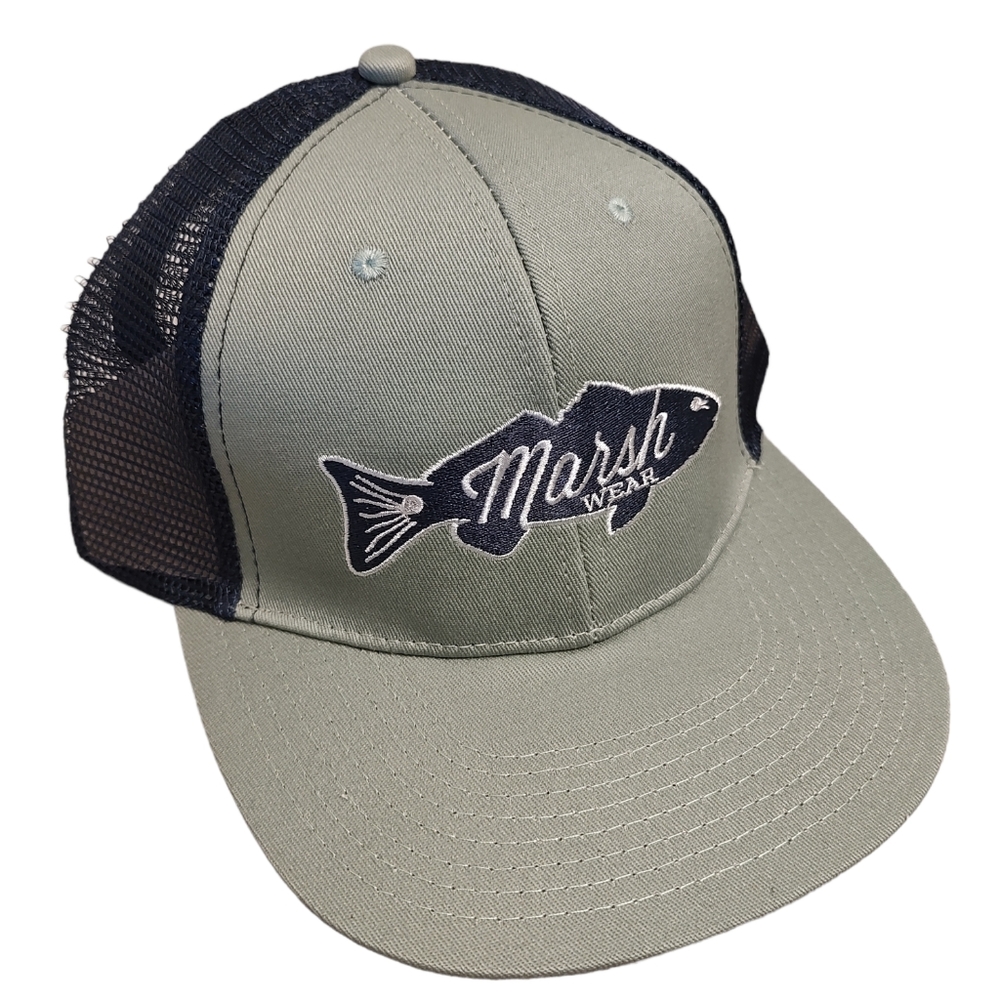 MARSH WEAR Retro Red Fish Fishing Trucker Hat Baseball Cap Navy Blue Gray NWOT